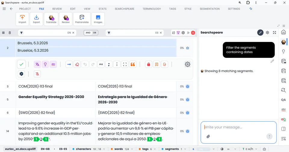 The translation editor with Searchspeare filtering the segments that contain dates.