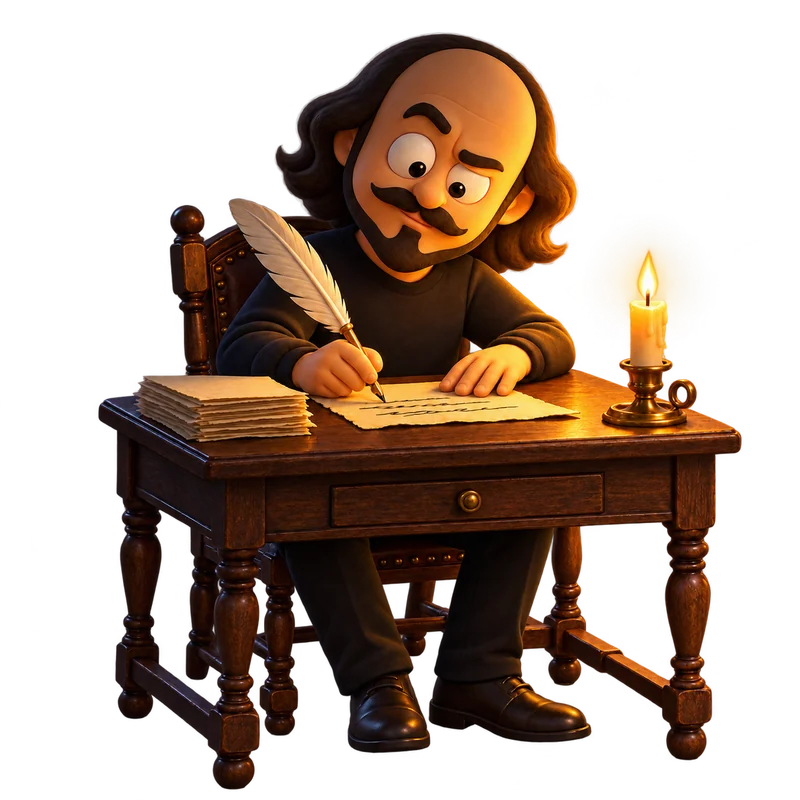 Searchspeare working at night by candlelight, writing with a feather quill at an antique wooden desk.