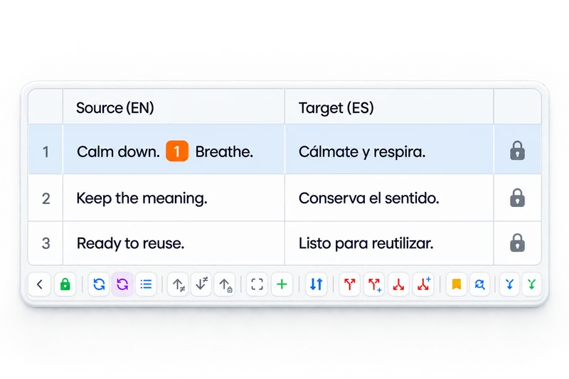 English-to-Spanish aligned segments with an orange merge marker, locked rows and the alignment command toolbar underneath.