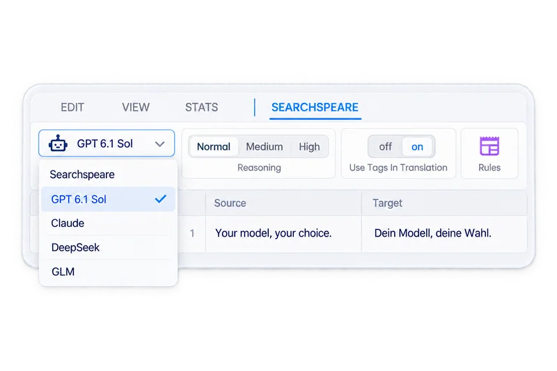 Searchspeare's real AI model selector and reasoning controls.