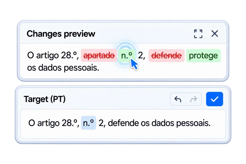 Two AI suggestions in the changes preview: apartado to n.º is applied to the target, while defende to protege remains pending.
