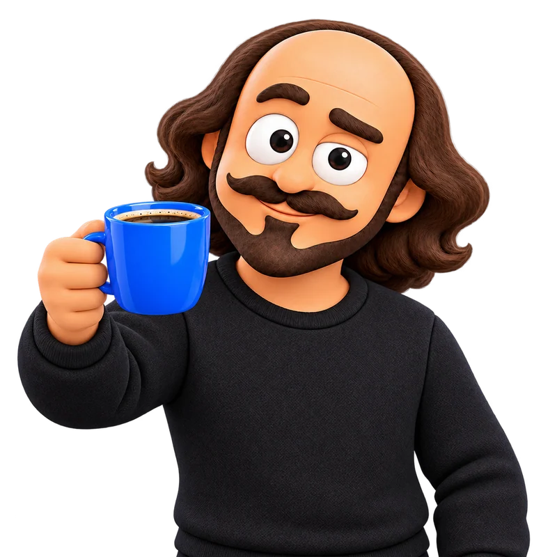 Searchspeare raising his blue coffee mug toward you in a friendly toast.