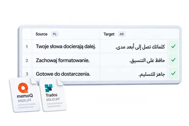 memoQ and Trados bilingual documents beside a Polish-to-Arabic translation table, with the Arabic target text right-aligned and written right to left.