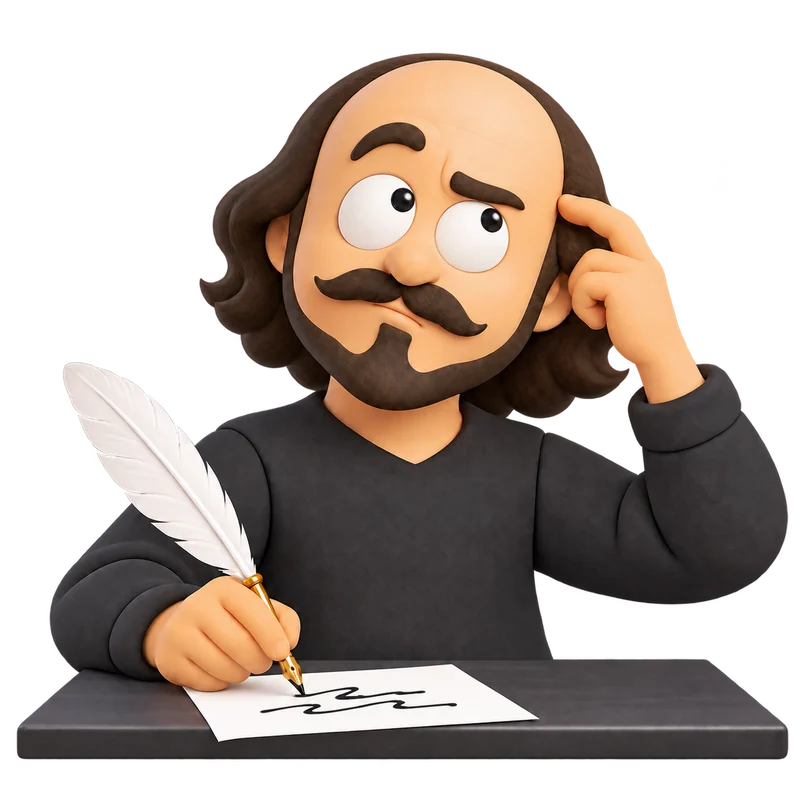 Searchspeare thinking about a translation while writing with a quill.