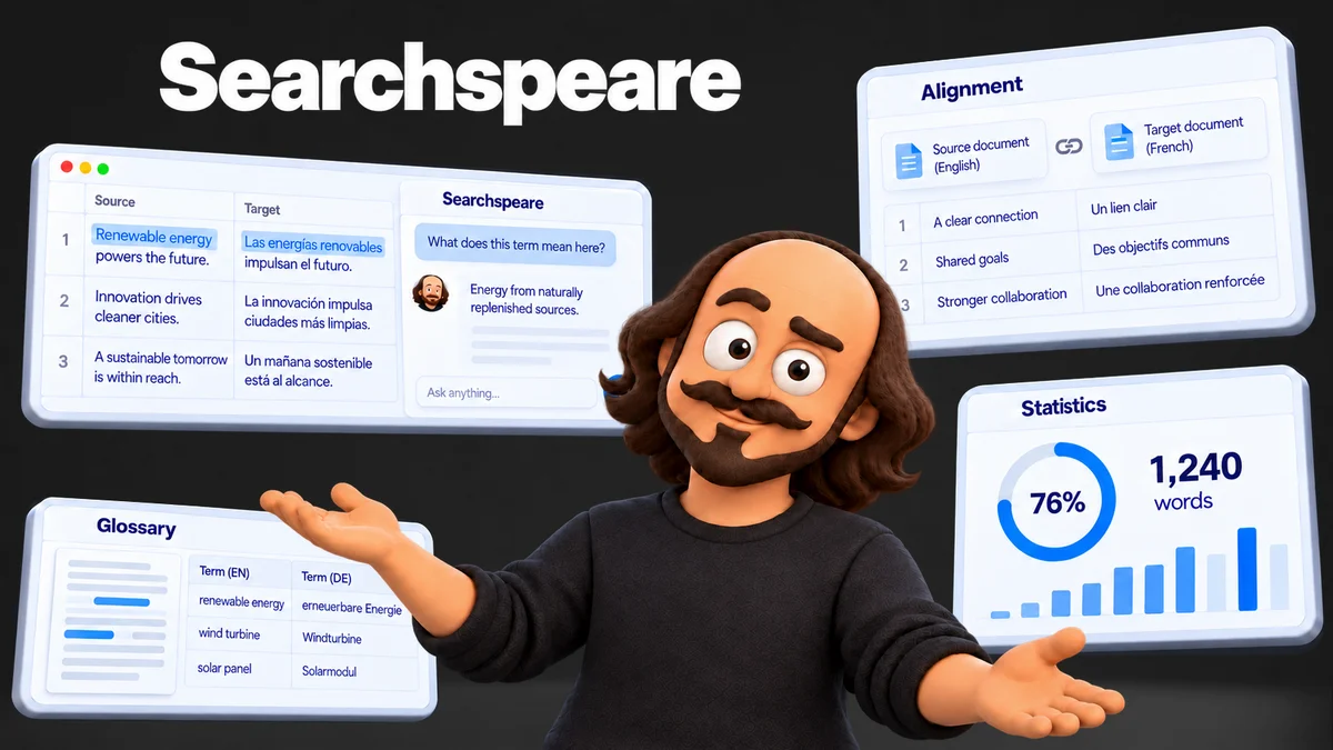Searchspeare presenting the editor, alignment, glossary and statistics widgets.