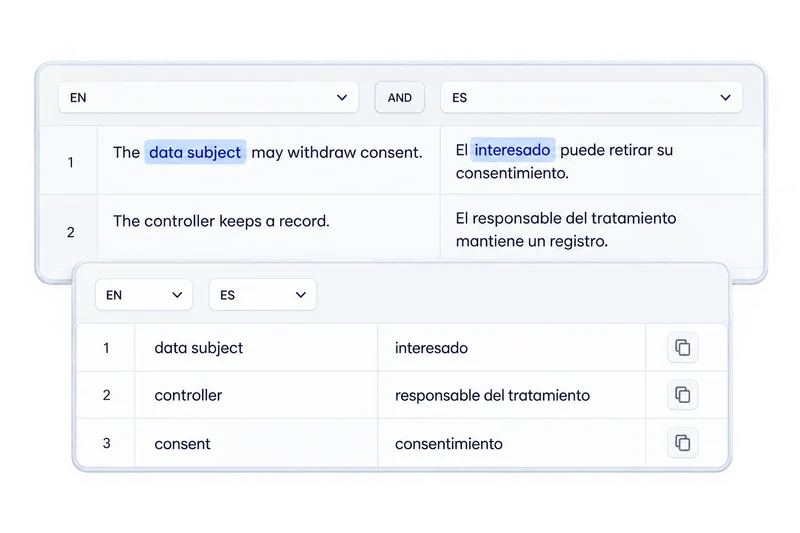GDPR terminology highlighted inside aligned sentences and extracted into a bilingual glossary.
