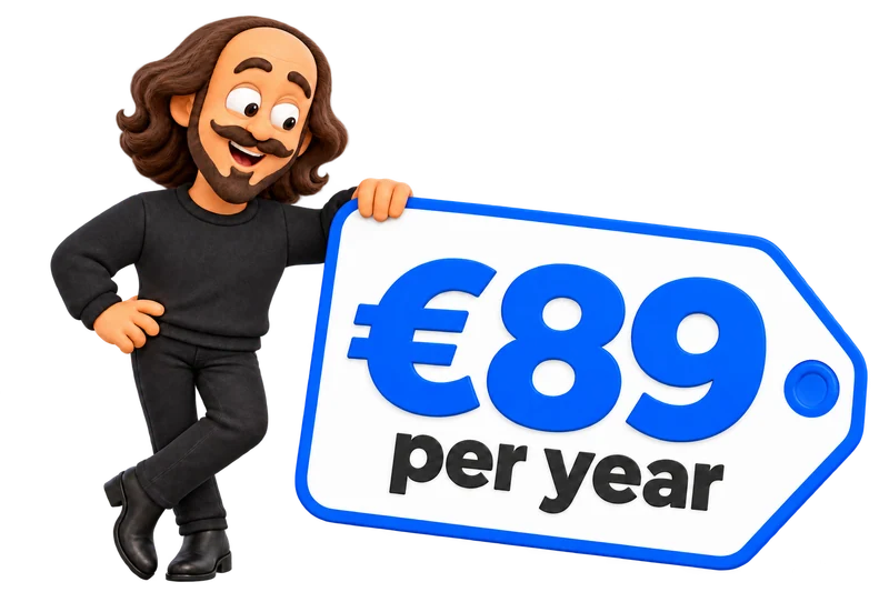 Searchspeare smiling beside the €89-per-year launch offer. The regular annual price is €129.