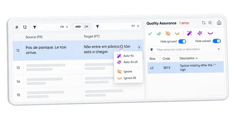 Searchspeare's Quality Assurance panel with the real Auto-fix and Ignore menu.