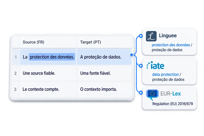 A selected term and corresponding Linguee, IATE and EUR-Lex search results.