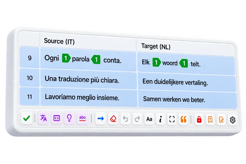 Three selected Italian-to-Dutch translation segments with Searchspeare's command toolbar directly underneath.