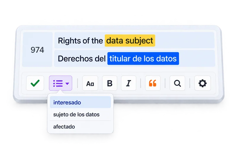 A selected Spanish phrase with the real contextual alternatives dropdown.