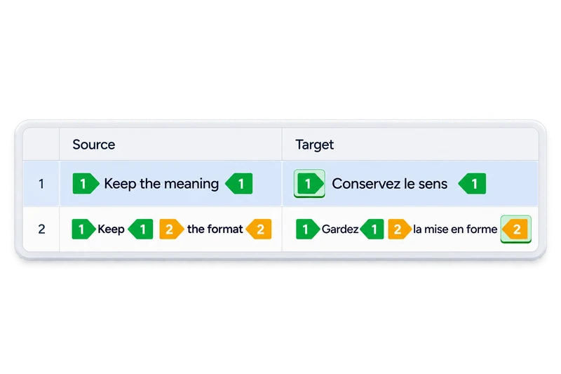 Paired tags in source and target, with the first target opening tag and the final target closing tag highlighted as tracked insertions. The second segment contains both green 1 and gold 2 tag pairs.